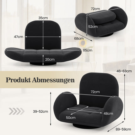 Swivel Floor Gaming Chair, Adjustable Backrest & Armrests, Black