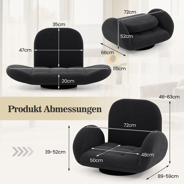 Swivel Floor Gaming Chair, Adjustable Backrest & Armrests, Black