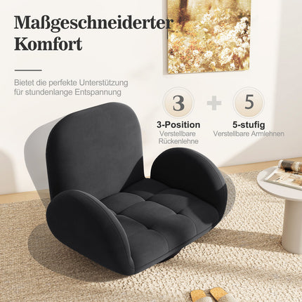 Swivel Floor Gaming Chair, Adjustable Backrest & Armrests, Black