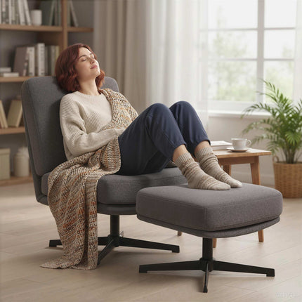 Swivel Lounge Chair with Ottoman, Dark Grey Linen-Look