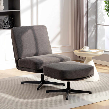 Swivel Lounge Chair with Ottoman, Dark Grey Linen-Look