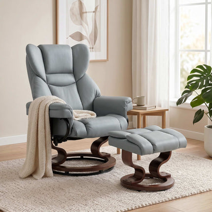 Swivel Recliner Chair with Ottoman, PU Leather, Light Gray