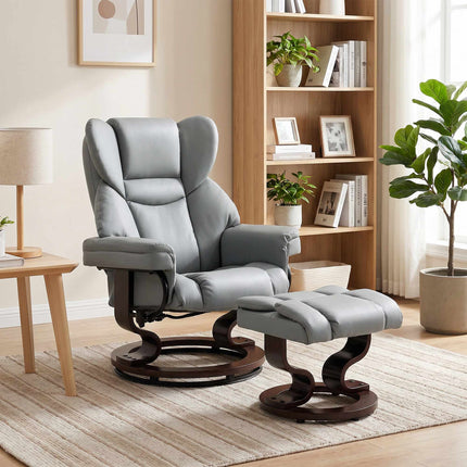 Swivel Recliner Chair with Ottoman, PU Leather, Light Gray