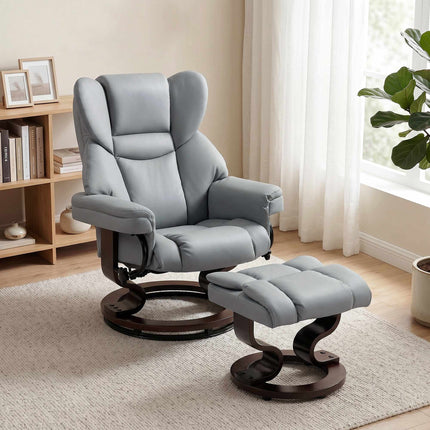 Swivel Recliner Chair with Ottoman, PU Leather, Light Gray