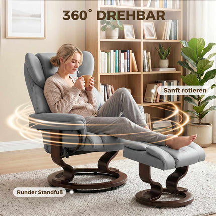 Swivel Recliner Chair with Ottoman, PU Leather, Light Gray