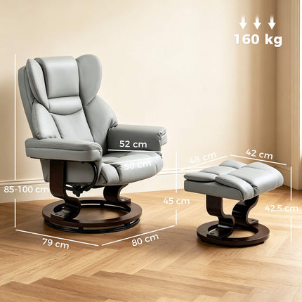 Swivel Recliner Chair with Ottoman, PU Leather, Light Gray