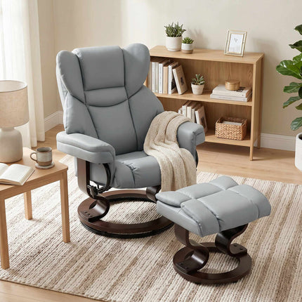 Swivel Recliner Chair with Ottoman, PU Leather, Light Gray