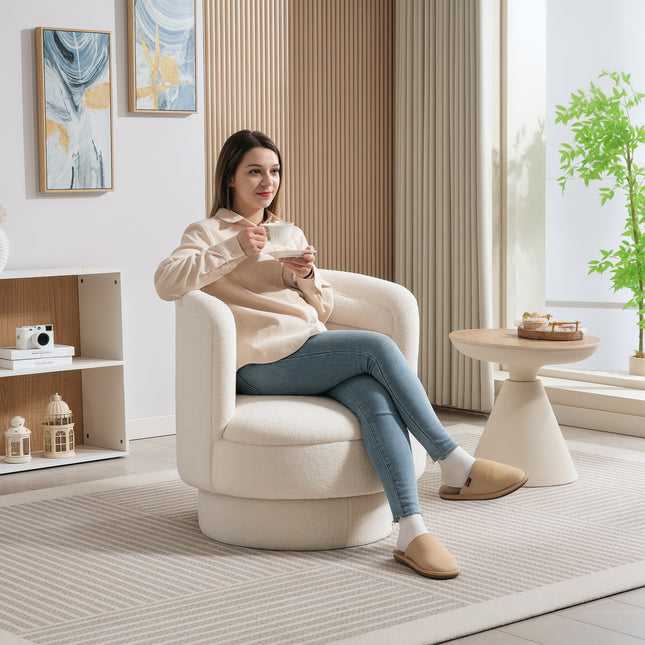 Swivel upholstered armchair, modern lounge chair with rubberwood frame, for living room, bedroom, cream white