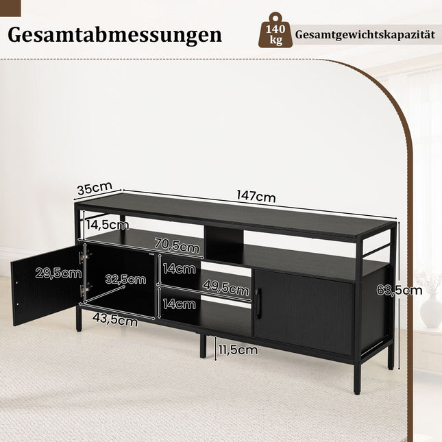 TV Stand for 65" TVs with 2 Cabinets & 4 Shelves, Black