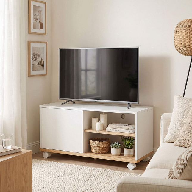 TV-meubel op wielen met remmen, verstelbare plank, wit eikenhout