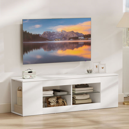 TV Stand with 6 Shelves, 2 Glass Racks, 140 cm, White