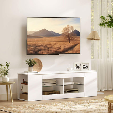 TV Stand with 6 Shelves, 2 Glass Racks, 140 cm, White