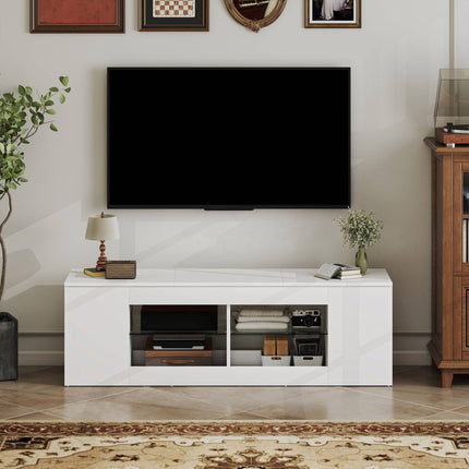 TV Stand with 6 Shelves, 2 Glass Racks, 140 cm, White