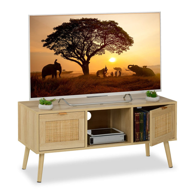 TV Stand with Rattan-Look Doors, Wood Finish