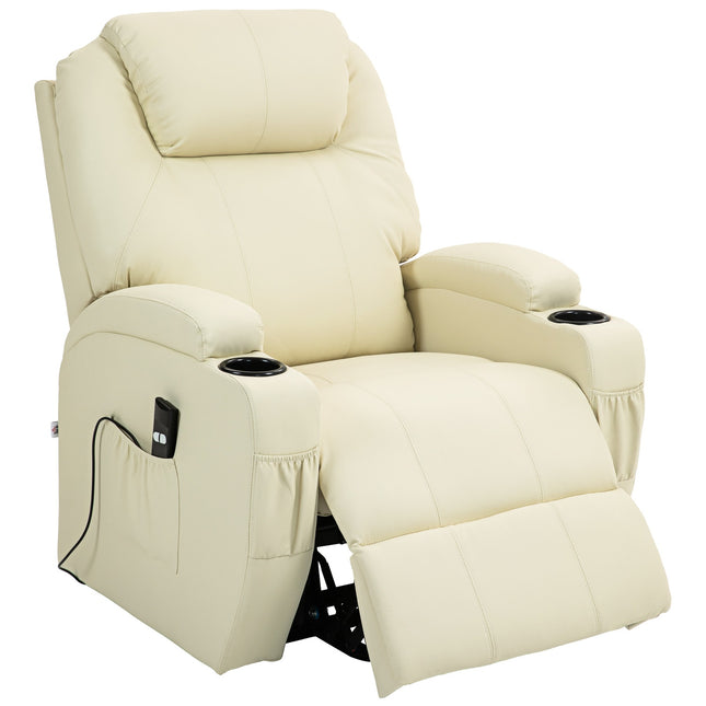TV-fauteuil met sta-op-hulp, elektrische ligfauteuil met ligfunctie, TV-fauteuil met bekerhouder, zijvak en afstandsbediening, kunstleer, crème