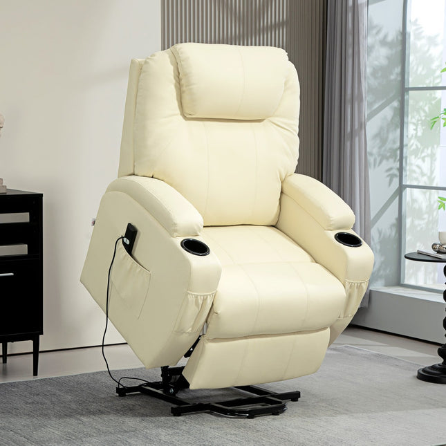 TV-fauteuil met sta-op-hulp, elektrische ligfauteuil met ligfunctie, TV-fauteuil met bekerhouder, zijvak en afstandsbediening, kunstleer, crème