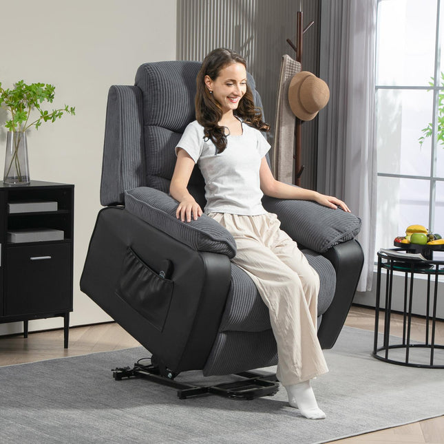 TV-fauteuil met sta-op-hulp, elektrische ligfauteuil met ligfunctie, pocketveringkern, TV-fauteuil met voetsteun, zijvak en afstandsbediening, donkergrijs