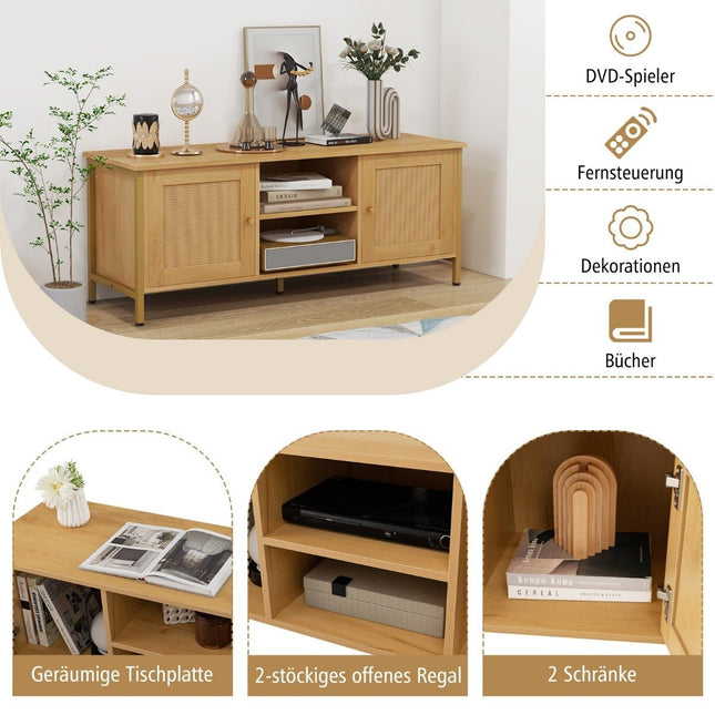 TV cabinet rattan lowboard with 2 doors and open shelves TV stand for televisions up to 55 inches 120 x 40 x 48 cm