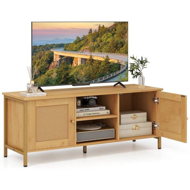 TV cabinet rattan lowboard with 2 doors and open shelves TV stand for televisions up to 55 inches 120 x 40 x 48 cm
