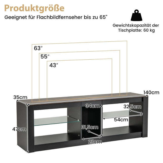 TV cabinet with LED lighting for televisions up to 65 inches. Modern entertainment center