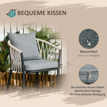Balcony set - Steel table & 2 chairs with cushions, grey