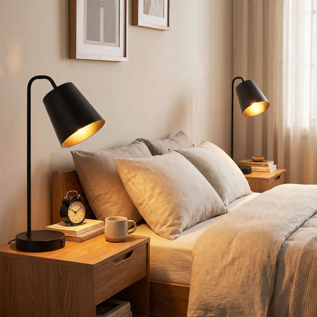 Table Lamp Set Of 2, Black Steel, USB-A/USB-C, E27