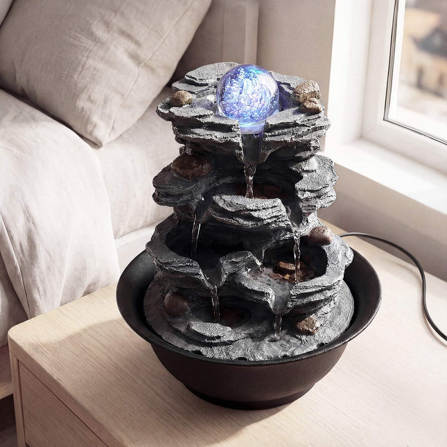 Tafelmodel binnenfontein met LED-verlichting, kristallen bol en stille pomp.
