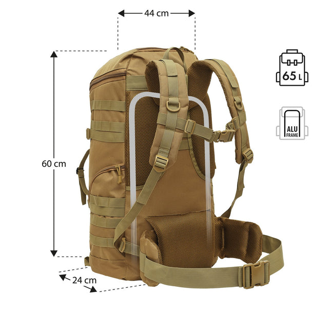 Tactical Backpack, Sand, 65L Capacity