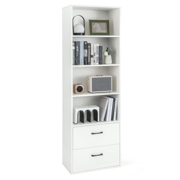 Tall 6-Tier Freestanding Bookshelf, 4 Shelves, 2 Drawers