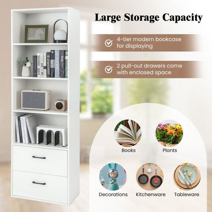 Tall 6-Tier Freestanding Bookshelf, 4 Shelves, 2 Drawers