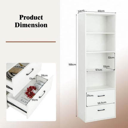 Tall 6-Tier Freestanding Bookshelf, 4 Shelves, 2 Drawers