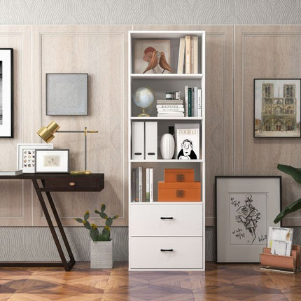 Tall 6-Tier Freestanding Bookshelf, 4 Shelves, 2 Drawers