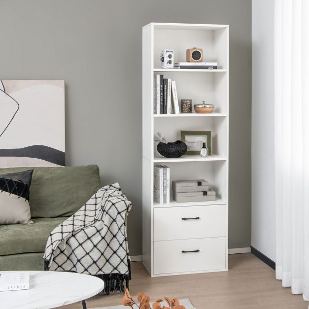 Tall 6-Tier Freestanding Bookshelf, 4 Shelves, 2 Drawers