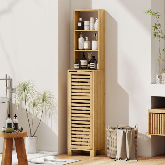 Tall Bamboo Bathroom Cabinet with Adjustable Shelves, 34x30x170 cm