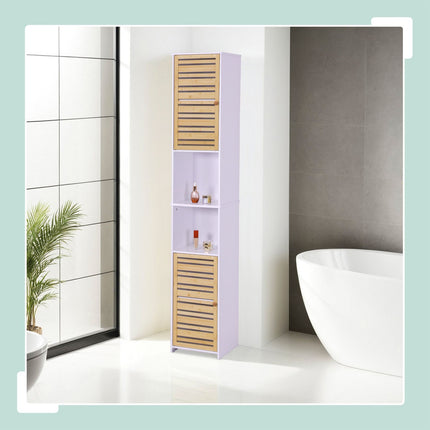 Tall Bathroom Cabinet, 190 cm, White, Bamboo Doors