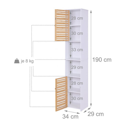 Tall Bathroom Cabinet, 190 cm, White, Bamboo Doors