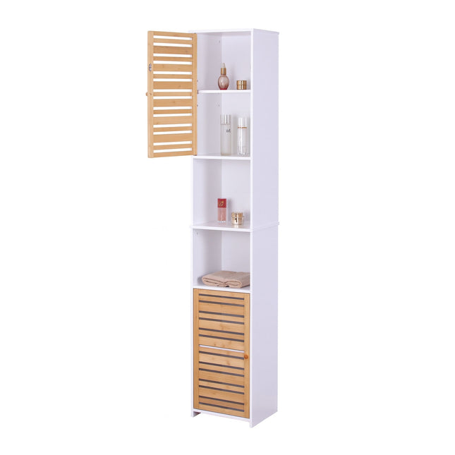 Tall Bathroom Cabinet, 190 cm, White, Bamboo Doors