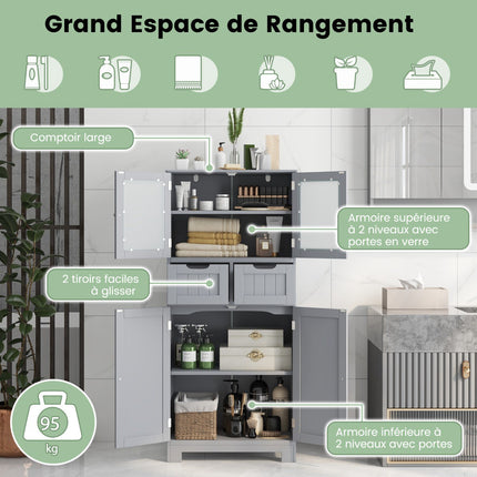 Tall Bathroom Cabinet, 4 Doors, 2 Drawers, Grey