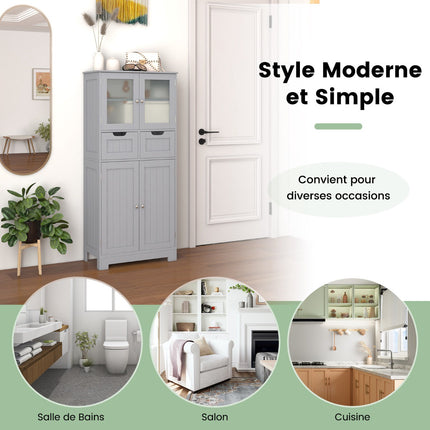 Tall Bathroom Cabinet, 4 Doors, 2 Drawers, Grey