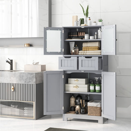 Tall Bathroom Cabinet, 4 Doors, 2 Drawers, Grey
