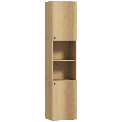 Tall Bathroom Cabinet, 6 Levels, Oak Finish, Adjustable Shelves