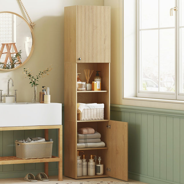 Tall Bathroom Cabinet, 6 Levels, Oak Finish, Adjustable Shelves