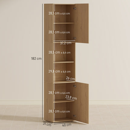 Tall Bathroom Cabinet, 6 Levels, Oak Finish, Adjustable Shelves