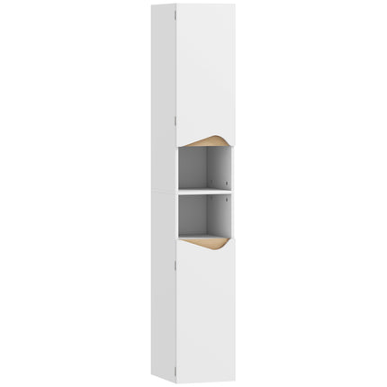Tall Bathroom Cabinet, White, 2 Doors, 2 Open Shelves, Adjustable Shelves