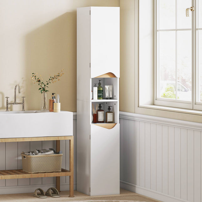 Tall Bathroom Cabinet, White, 2 Doors, 2 Open Shelves, Adjustable Shelves