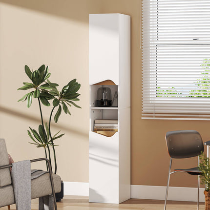 Tall Bathroom Cabinet, White, 2 Doors, 2 Open Shelves, Adjustable Shelves