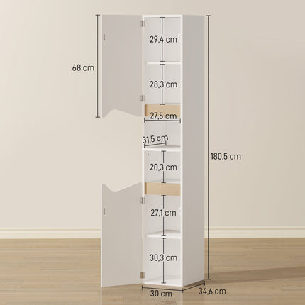 Tall Bathroom Cabinet, White, 2 Doors, 2 Open Shelves, Adjustable Shelves