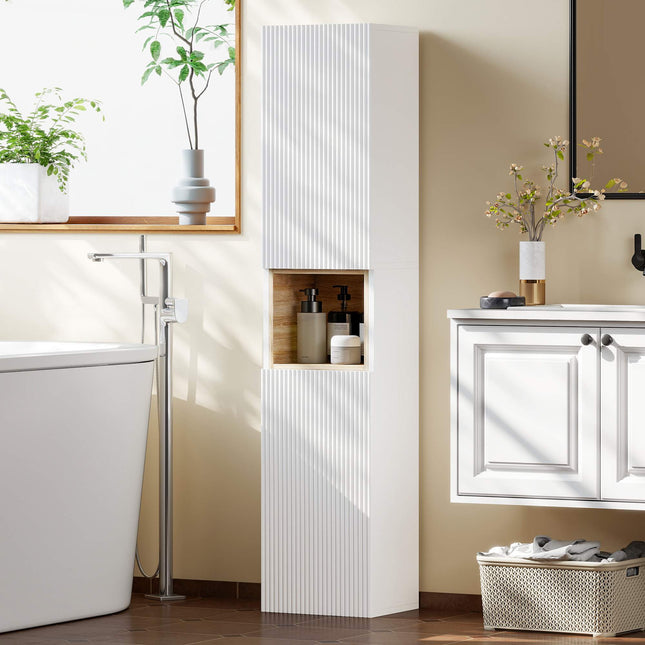 Tall Bathroom Cabinet, White/Natural Wood, Adjustable Shelves