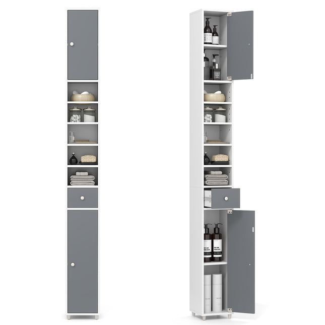 Tall Bathroom Cabinet with 2 Doors, Adjustable Shelves, White/Grey
