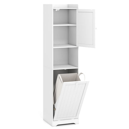 Tall Bathroom Cabinet with Adjustable Shelves and Laundry Bag